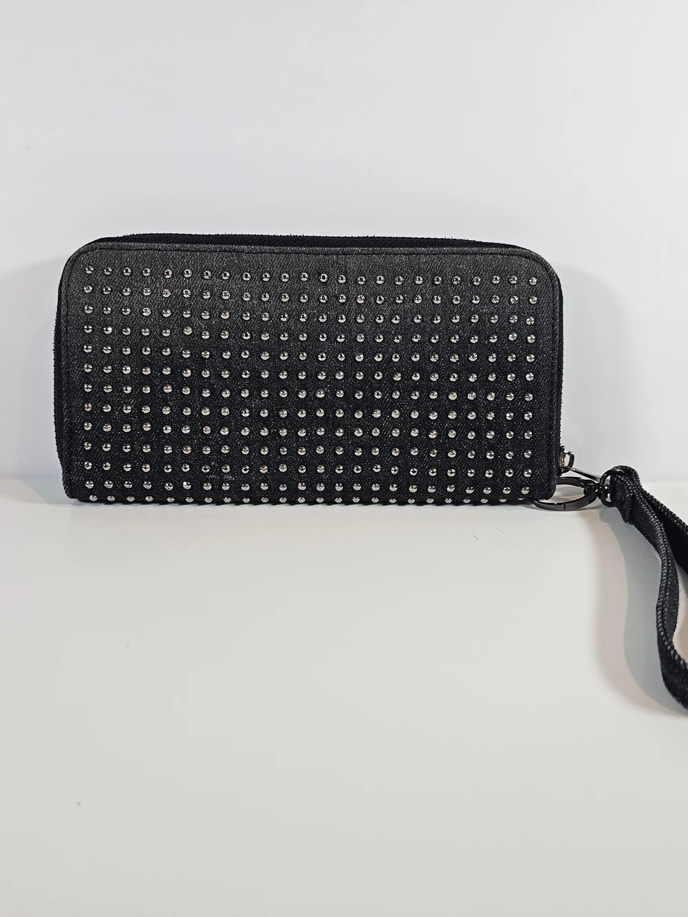 Black Denim Metal Studded Zip-Around Wristlet Wallet
